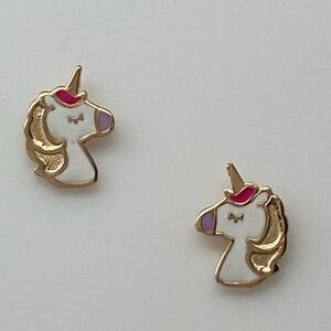 14K Yellow Gold Enamel Unicorn Baby Earrings Stud Screwbacks NEW Kids Earrings